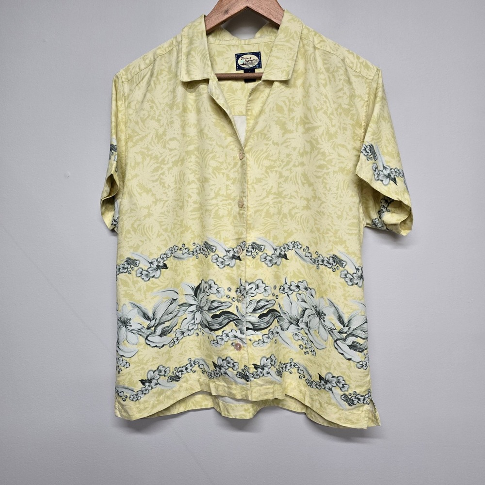 Tommy Bahama Silk Shirt Womens Large Yellow Floral Short Sleeve Tropical Beach